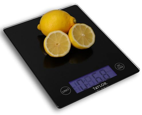 Taylor, Digitale Küchenwaagen für Lebensmittel mit Glasplattform, Hochgenau, mit Präziser Tara-Funktion, Extragroßer LCD-Bildschirm, Schwarz, Wiegekapazität 5 kg bzw. 5.000 ml
