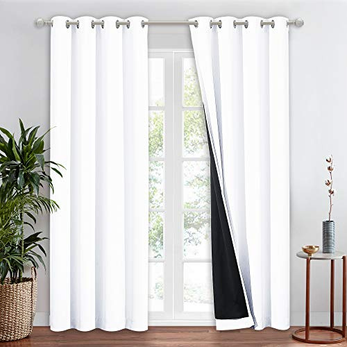 NICETOWN 100% Blackout Window Curtain Panel, Cold and Full Light Blocking Drape with Black Liner for Nursery, 84 inches Drop Thermal Insulated Draperies (White, 1 Piece, 52 inches Wide Each Panel)