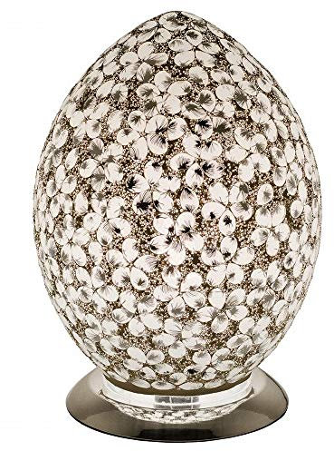 Britalia White Flower Mosaic Glass Vintage Egg Table Lamp 30cm | Chrome Base | 1 x ES E27 Bulb Required (Not Included) | Study - Bedroom - Lounge | Desk Light