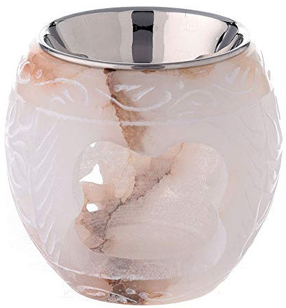 Holyart Gelochter Weihrauchbrenner aus weissem Speckstein mit Blättern, 8 cm