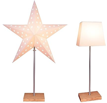 EGLO Tischlampe mit Wechselschirm 3D Papierstern | Weihnachten oder eckiger Lampenschirm in Weiß mit Fuß aus Holz und Metall, Dekostern Tischleuchte mit Kabelschalter, E14