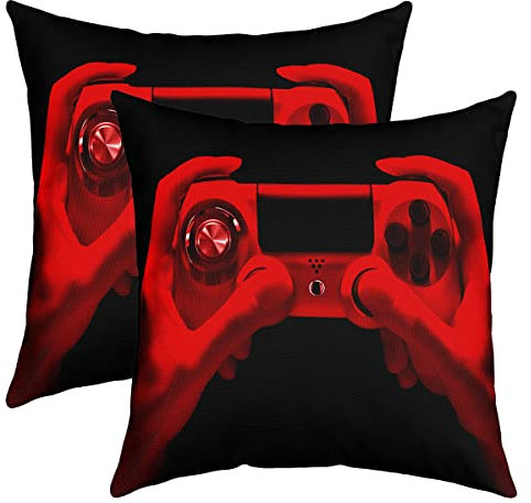 Gamer Gamepad Throw Pillow Covers for Sofa Bed Set of 2 Gaming Decorative Pillows Cushion Covers Game Room Decor Red Black Modern Game Console Controller Pillow Inserts Not Included 16x16 Inch