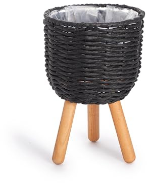 Paco Home Blumentopf Übertopf Natur Rattan Set mit Folieneinsatz Pflanzentopf Auslaufsicher Groß für Zimmerpflanzen, Farbe:Schwarz, Sets:2pcs Set/Design 3