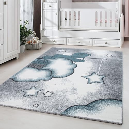 Carpetsale24 Kinderteppich Bärenmotiv Blau 120x170 cm – Rechteckiger Spielteppich für Jungen – Hautfreundlich & Liebevoll gestaltet