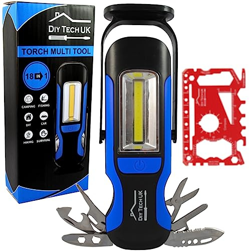 DIY TECH UK - 18 in 1 Torch Multi Tool Gifts for Men - 300 Meter Beam | Free 48 in 1 Credit Card Gadget - Mens Gifts for Christmas - Dad Him Birthday Who Have Everything Women Adult Gadgets - Blue
