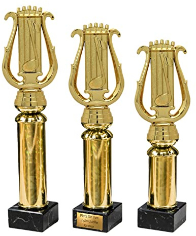 eberin Gesang & Musik Pokal mit Gravur/Wunschtext · Musikinstrument Harfe · Leier auf Goldsäule/Marmor schwarz · Klassische Musik Pokal in 3 Größen erhältlich ·