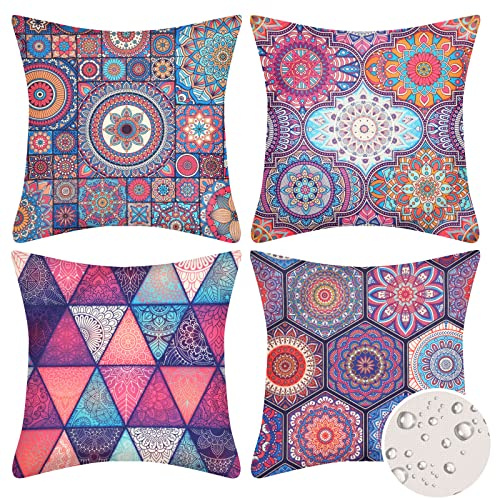 Velvhom 4 Stück Wasserdicht Kissenbezug Leinen Kissenhülle 50x 50 cm Boho mit Bunt Geometrisch Muster Dekokissen Mandala Dekorativ Abstrakt Zierkissenbezüge für Garten Terrasse Bank Büro Cafe Büro