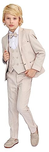 Lilax Boys Suit Set, Formal Jacket, Vest, Pants, Shirt and Matching Bowtie 5 Piece(5 Years, Beige)