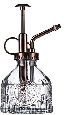 Aebor Flacon pulvérisateur en verre pour plante - 16,5 cm - Vert - Avec pompe supérieure dorée - Petit arrosoir - Pour intérieur et extérieur - Gris + bronze D