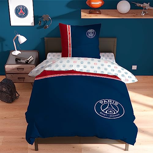 OMYDREAM PSG Minimaliste Parure de Lit 1 Personne | 100% Coton | Oeko-TEX | Housse de Couette 140x200 cm + 1 Taie d'oreiller 63x63 cm Imprimées Réversibles | Bleu Marine