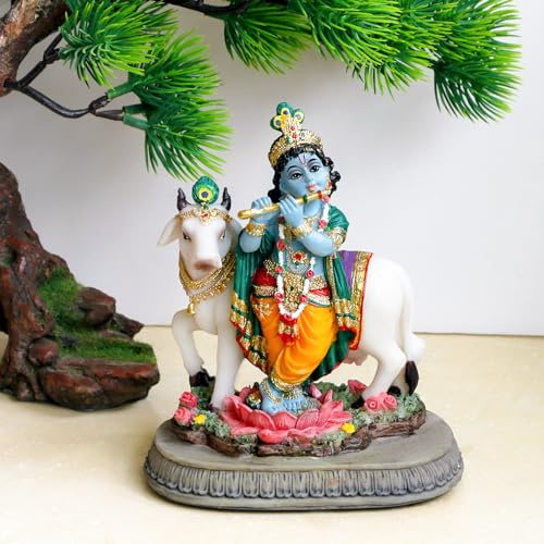 BangBangDa Indisk Lord Krishna Idol-staty – 14,5 cm H hinduisk gud Krishna Murit för hemmet tempel Puja Diwali present till indisk man kvinna vän Mandir altare Pooja objekt meditation yogarum andlig