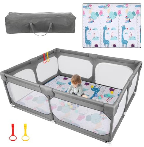 JINXIA Laufstall Baby 190x150cm,Laufgitter Baby für Babys mit weichem, atmungsaktivem Netzgewebe, klettersicherer und sturzsicherer,Große Sicherheitsspielplatz,Grau