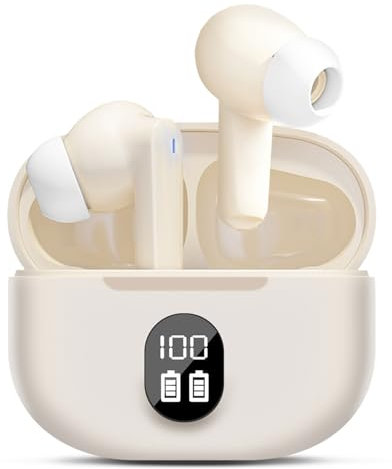 Dinow Ecouteurs Bluetooth sans Fil, Écouteurs Intra-Auriculaires sans Fil Bluetooth 5.3 HiFi Stéréo, Écran LED, Oreillettes sans FI l avec ENC Mic, Earbuds étanche IP6 pour iOS/Android/Window(Beige)