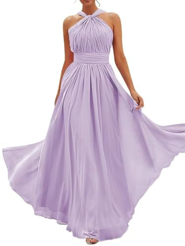 Vestidos de dama de honor para mujer, plisados, de gasa, vestidos largos formales de fiesta de noche, Lila, 42