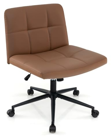 COSTWAY Armless Office Chair, PU Leather Upholstered Cross Legged Computer Desk Chair, Height Adjustable Wide Seat Swivel Vanity Chair for Home Office (with Wheels, Brown)