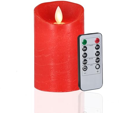 FiiMoo Batteriebetriebene LED Kerze - Rot, Grabkerze, Flammenlos, Echtwachs, Flackernde Elektrische Kerze Mit Fernbedienung Und Timer - Halloween Weihnachtsdekoration - 12.5cm