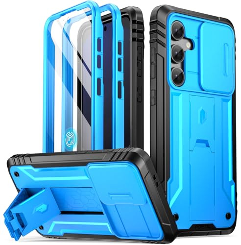 Poetic Revolution Case for Galaxy S24 FE 5G 2024, [Slide Camera Cover], Built-in Screen Protector Work with Fingerprint ID, Full Body Military Grade Rugged Shockproof Case with Kickstand, Light Blue