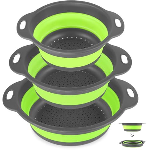 Pesutei Faltbarers Seiher Sieb Set, Küche Silikon Klappbar Sieb Nudelsieb Faltbar Abtropfsieb Faltbares Sieb Küchenutensilien zum Abtropfen von Nudeln, Obst und Gemüse, Grün 3 Stück