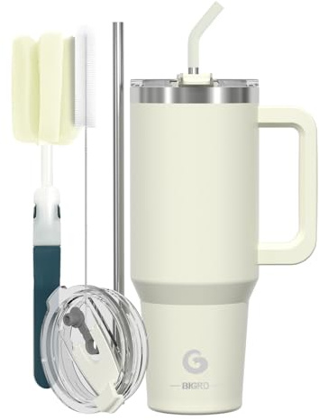 BIGRD Insulated Coffee Cup Travel Mug with Handle and Straw 40oz,Stainless Steel Double Wall Vacuum Leak Proof Water Bottle for Cold Hot 1.2L,BPA-Free,Beige