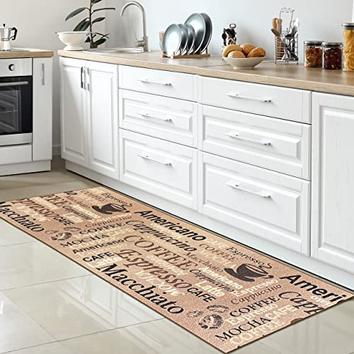 CARPETIA rutschfeste Anti-slipr Küchenteppichläufer mit Kaffee-Motiv – Waschbarer Teppich, Beige Dekorativ und Pflegeleicht
