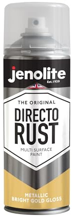 JENOLITE Directorust Metallic Spray Paint Bright Gold 400ml Gloss Finish | Multi-Surface Spray Paint for Metal, Wood, Plastic, All-In-One Primer, Undercoat and Topcoat for Interior & Exterior use