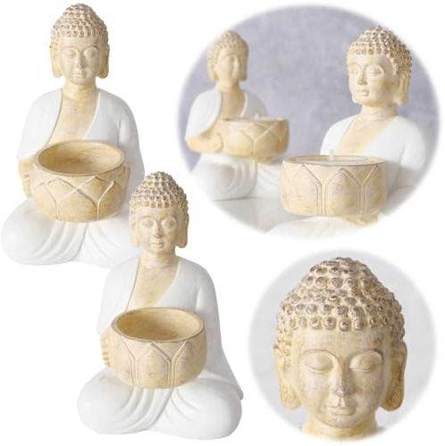 LS-LebenStil 2´er Set Teelichthalter Buddha Statuen 15cm Beige Weiß Yoga Figuren für Teelichter bis 4,3cm Teelichtständer Feng Shui Deko-Figuren Teelichtglas Kerzenständer Tischdeko Kerzenhalter