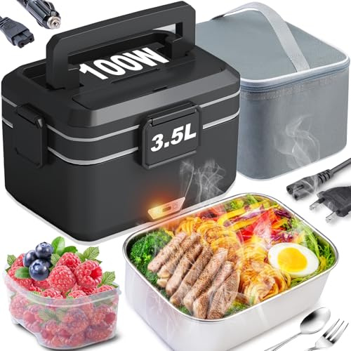 Kimfead Gamelle Chauffante 3.5L 100W Lunch Box Chauffante Boite Chauffante Repas Acier Inoxydable Détachable pour Voiture Camion Bureau 12v/24v/230v avec Sac(3.5L-Noir)