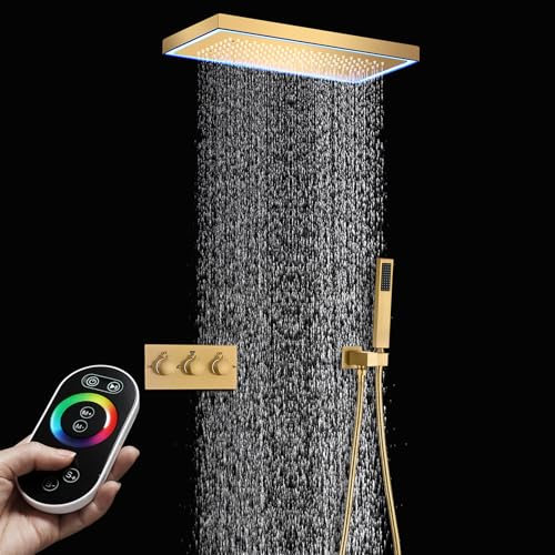Duschsystem,400x200mm 64-farbiger LED-Musik-Duschkopf,Gebürstetes Gold Ganzkörper Duschsystem,Decken-Regenbrauseset,2-Funktions-Hauptkörper mit Warm- und Kaltwasser,Mit Handbrause,Schwenkhalterung