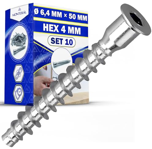 10 Pezzi Confirmat Viti per Legno Ø 6,4 mm x 50 mm HEX di 4 mm per Collegamento di Mobili per Unione Pannelli Truciolari MDF - MONTERAL