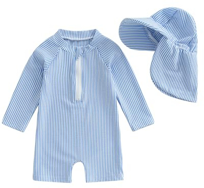Geagodelia Baby Boy Swimsuit with Hat | UV Protection, Zip Up, Long Sleeve Swimming Costume with Shorts, One Piece Swimwear for 0 Months - 6 Years Kid Boys
