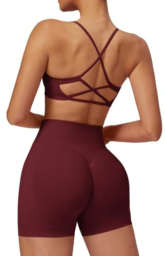 Odizli Sport Set Damen Rückenfrei Große Brüste Starker Halt BH + High Waist Shorts Kurz Sporthose Outfit Frauen Sportset Gym Workout Yoga Kleidung Sportanzug Sportkleidung Fitness Bekleidung Weinrot M