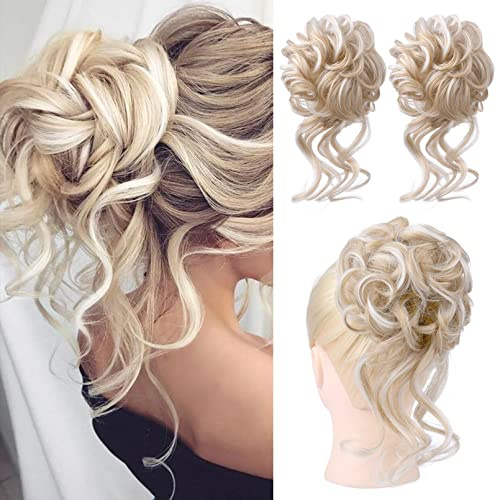 ManeMarvel Messy Bun Hair Piece, 2PCS Tousled Updo with Tendrils Hair Bun Extensions Wavy Curly Thick Hairpieces for Women - Light Golden Blonde with White Blonde