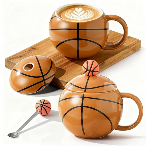 Taza de café FARYODI de 400 ml, cerámica, baloncesto y fútbol, con tapa y cuchara, regalo para cumpleaños