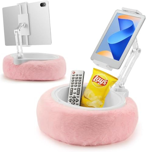 BREEZENEST 360° Rotating Tablet Stand – Plush Kindle Holder & Phone Stand with Removable Snack Bowl, Adjustable 180° Arm for 4.7–9.8 Devices, Perfect Bed & Sofa Tablet Holder (Pink)