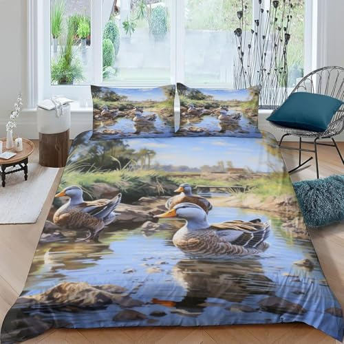 Super King Duvet Cover Set Duck on the River 3D Printed Animals in Grass Bedding Set Brushed Microfibre Duvet Cover Set 260x200 cm with Zipper Closure and 2 Pillowcases 50x75 cm e-2081