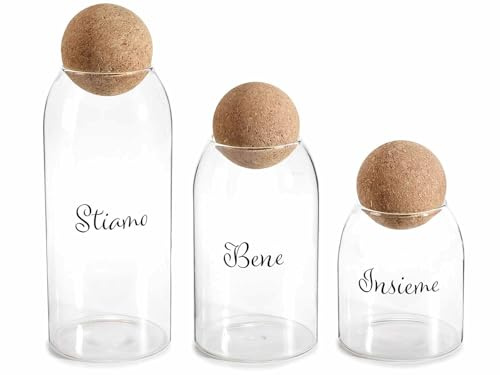 Generico Set 3 Barattoli in Vetro con Tappo in Sughero – “Stiamo/Bene/Insieme” – Contenitori Decorativi per Bagno, Cotone, Cotton Fioc, Cucina – Design Moderno