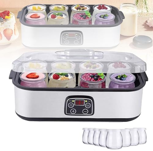 Yogurtiera Automatica Con 8 Vasetti in Vetro (8x180 Ml), Timer 0-48 Ore E Controllo Della Temperatura Regolabile Da 20 A 50 °C - Prepara Yogurt Di Vari Gusti A Casa,A
