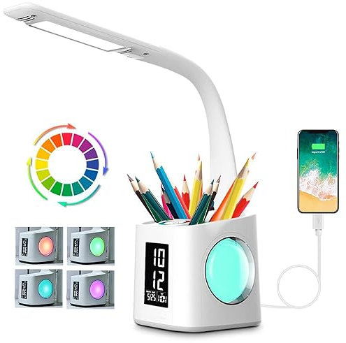 Schreibtischlampe Kinder LED, Tischlampe 10W Touch Dimmbar, Nachttischlampe Tischleuchte 7 in 1 mit 3 Helligkeitsstufen/USB-Anschluss/256 RGB/Stifthalter/Uhr/Kalender und LCD-Bildschirm Leselicht Büro