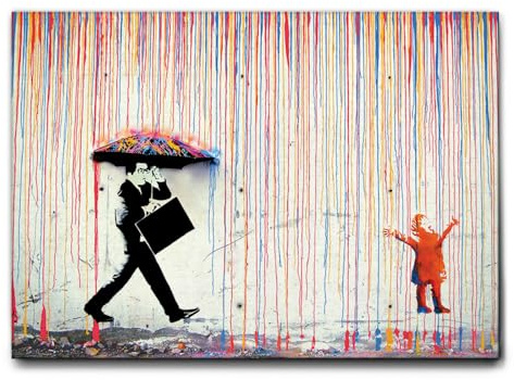 Giallobus - Gemälde - Banksy - Regen der Farben - Leinwand mit Standardrahmen - 50x70 - Bereit zum Aufhängen - Moderne Gemälde