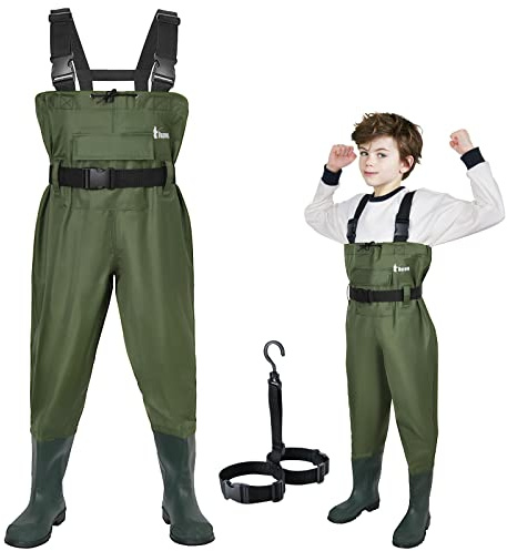 Ouzong Kids Chest Waders for Toddler Children Waterproof Youth Fishing Waders for Boys Girls Neoprene Hunting Waders with Insulated Boots(Green,12-13T)