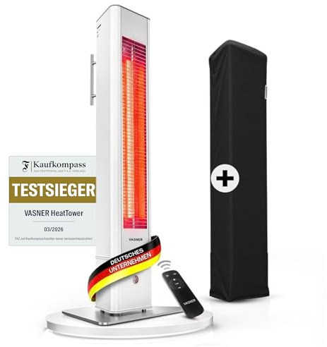 VASNER HeatTower weiß + AirCape schwarz – Infrarot Standheizstrahler 2500 Watt mit Abdeckhaube, Heizstrahler Terrasse, 4 Heizstufen, Fernbedienung, Terrassenstrahler elektrisch, IP65 Outdoor Schutz