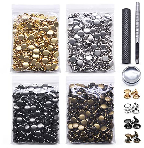 400 Sets Ledernieten, Doppelkappen-Nieten, röhrenförmig, 4 Farben, Metallnieten mit Befestigungswerkzeugen für DIY-Lederhandwerk, Kleidung, Schuhe, Taschen, Gürtel, , Dekoration (9 x 10 mm)