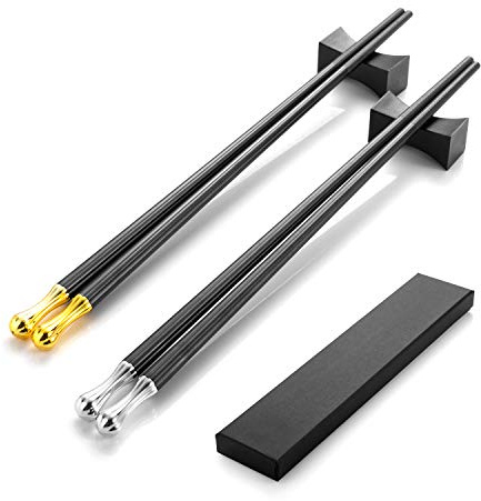 2 paia di bacchette giapponesi in lega di colore oro e argento, con 2 ripiani per bacchette in acciaio inox, con supporto, set regalo di posate cinesi, posate asiatiche, con confezione regalo