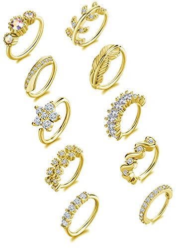 Tornito 10Pcs Nose Ring Hoop Paved Flower Leaf Feather CZ Cartilage Earrings Nose Piercing Jewelry for Women Men Gold Tone 20G