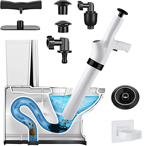 Toilet Air Pressure Plunger Kits,9 in 1 Air Drain Blaster Gun Plunger Clog Remover Tool with 5 Heads,Detachable Assembly Sewer Toilet Kitchen Sink For Clogged Toilet and Kitchen Bathroom Tubs