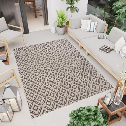 TAPISO Capri Teppich Outdoor Braun Grau Gitter Sisaloptik Flachgewebe Balkon Terrasse Indoor Wasserfest Wetterfest UV-Beständig Robust 80 x 150 cm