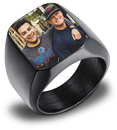 OTXIXTO Personalisierter Siegelring, Edelstahl Schmuck, Farbbild Gravur für Männer, Frauen, Erinnerungsstück, Beste Freundin Geschenke, Klobiges Band mit Ringgrößen Verstellter (Schwarz, Größe 60)
