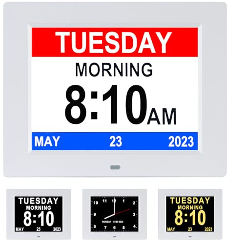 Reloj de día con calendario digital para personas mayores, personas mayores, Alzheimer (8 pulgadas blanco)