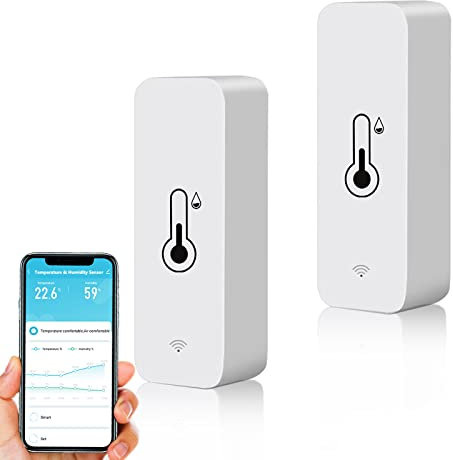 Termometro igrometro smart, WiFi sensore mini per temperatura interna e umidità, sensore di temperatura e umidità per ambienti, controllo remoto tramite app per serra e cantina, compatibile Alexa.2PCS