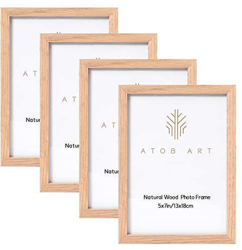 ATOBART 5x7 Oak Wood Picture Frames, 4 Pack Natural Wood Color Photo Frame with High Definition Glass for Wall Mount or Table Top Display